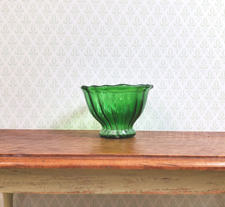 Dollhouse Crystal Green Glass Flared Footed Bowl 1:12 Scale Some Color Flaw - MiniatureCrush