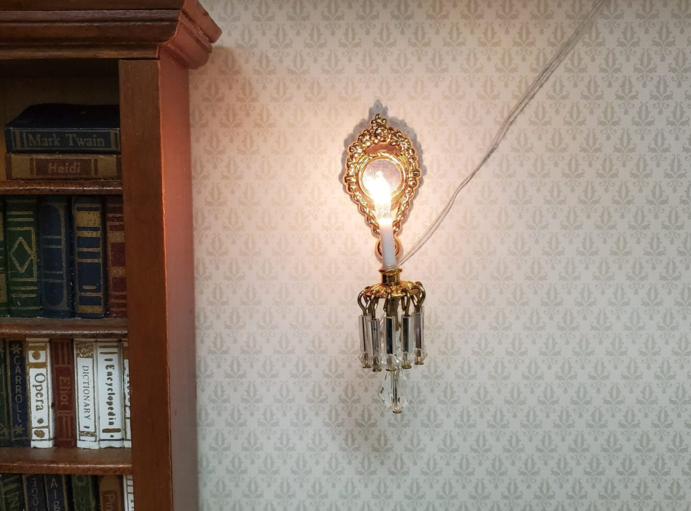 Dollhouse Crystal Wall Sconce with Pendant 12 Volt 1:12 Scale Miniature Handmade - MiniatureCrush