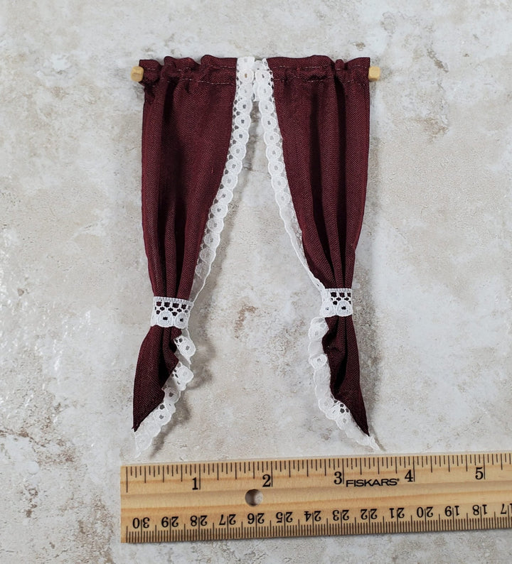 Dollhouse Curtains Burgundy with White Lace 1:12 Scale Miniature Handmade - Miniature Crush