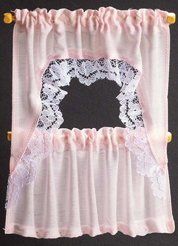 Dollhouse Curtains Cafe Style Light Pink With Lace Wood Curtain Rod 1:12 Scale - Miniature Crush