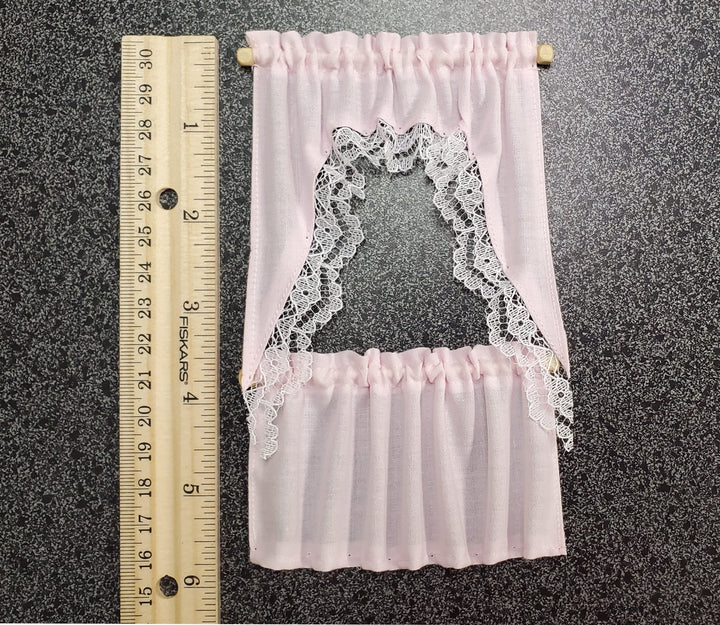 Dollhouse Curtains Cafe Style Light Pink With Lace Wood Curtain Rod 1:12 Scale - Miniature Crush