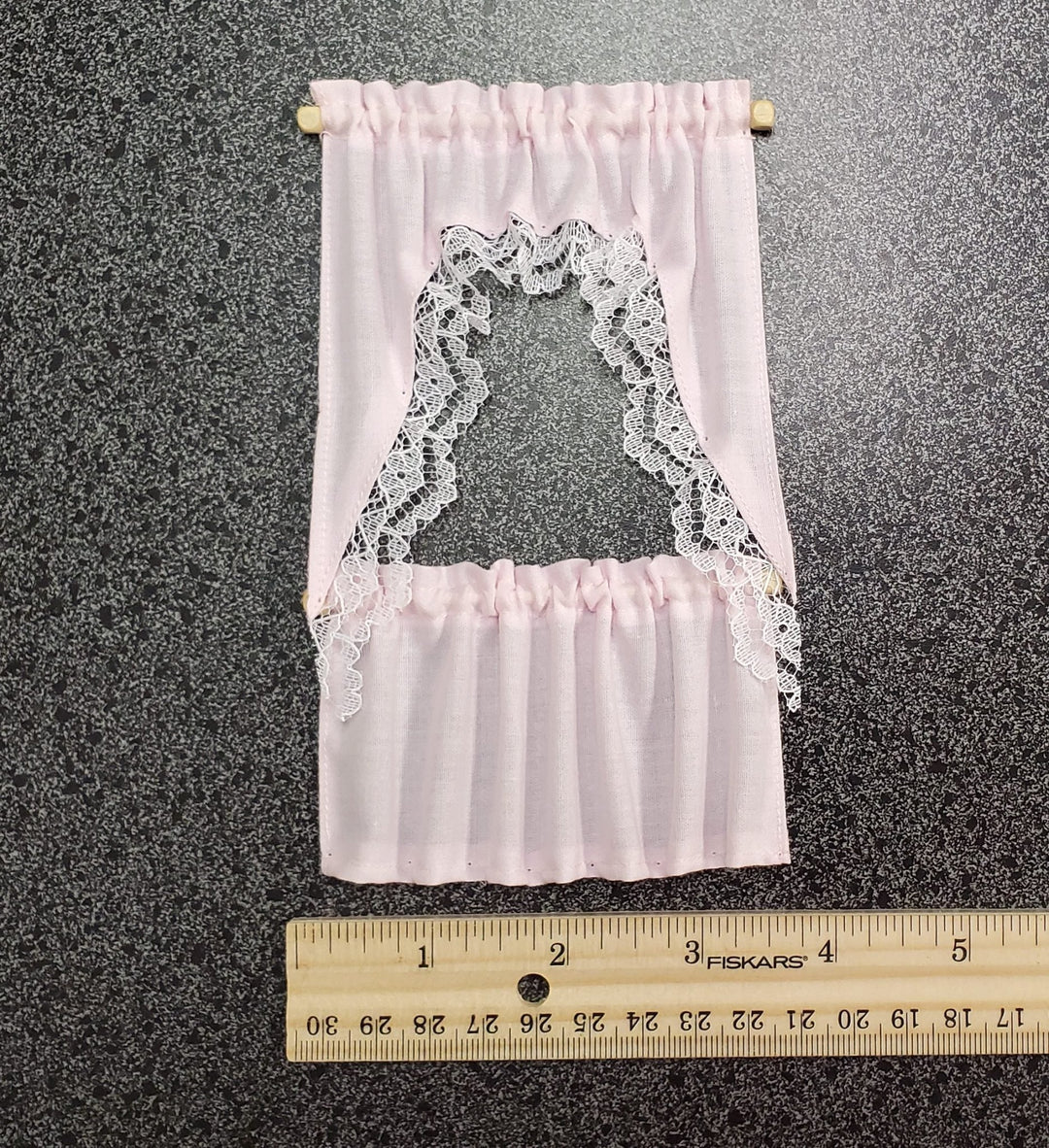 Dollhouse Curtains Cafe Style Light Pink With Lace Wood Curtain Rod 1:12 Scale - Miniature Crush