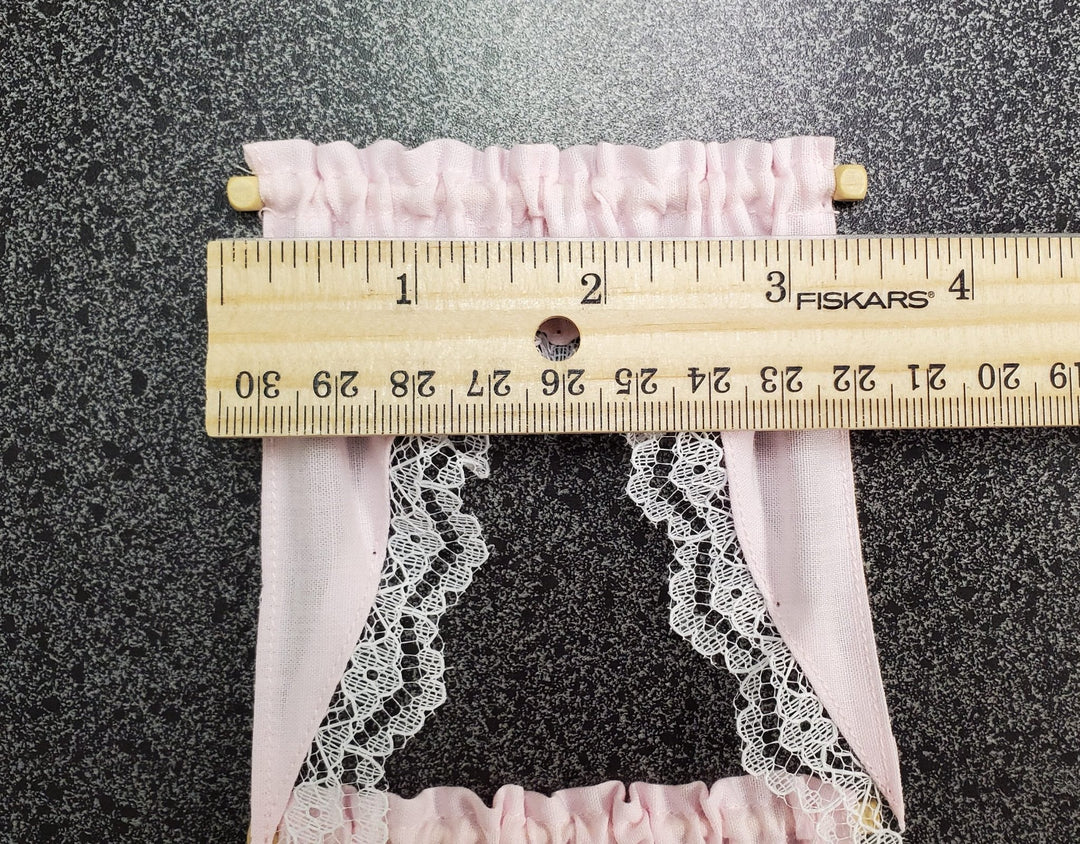 Dollhouse Curtains Cafe Style Light Pink With Lace Wood Curtain Rod 1:12 Scale - Miniature Crush