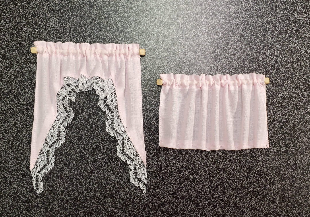 Dollhouse Curtains Cafe Style Light Pink With Lace Wood Curtain Rod 1:12 Scale - Miniature Crush