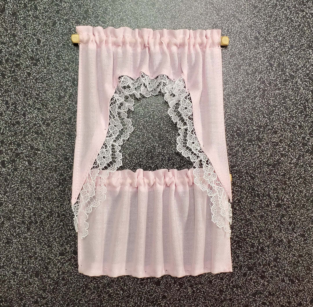Dollhouse Curtains Cafe Style Light Pink With Lace Wood Curtain Rod 1:12 Scale - Miniature Crush