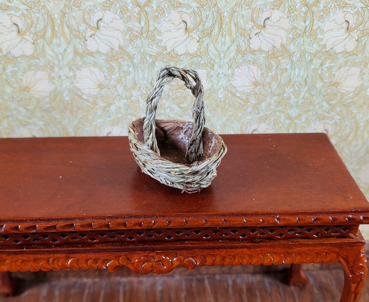 Dollhouse Dark Colored Oval Woven Basket with Handle 1:12 Scale Miniature - MiniatureCrush