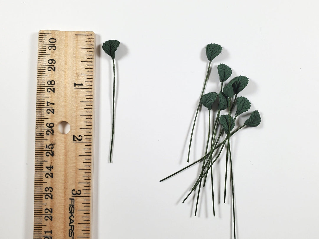 Dollhouse Dark Green Serrated Leaves Long Stem Set of 10 1:12 Scale Miniature - MiniatureCrush