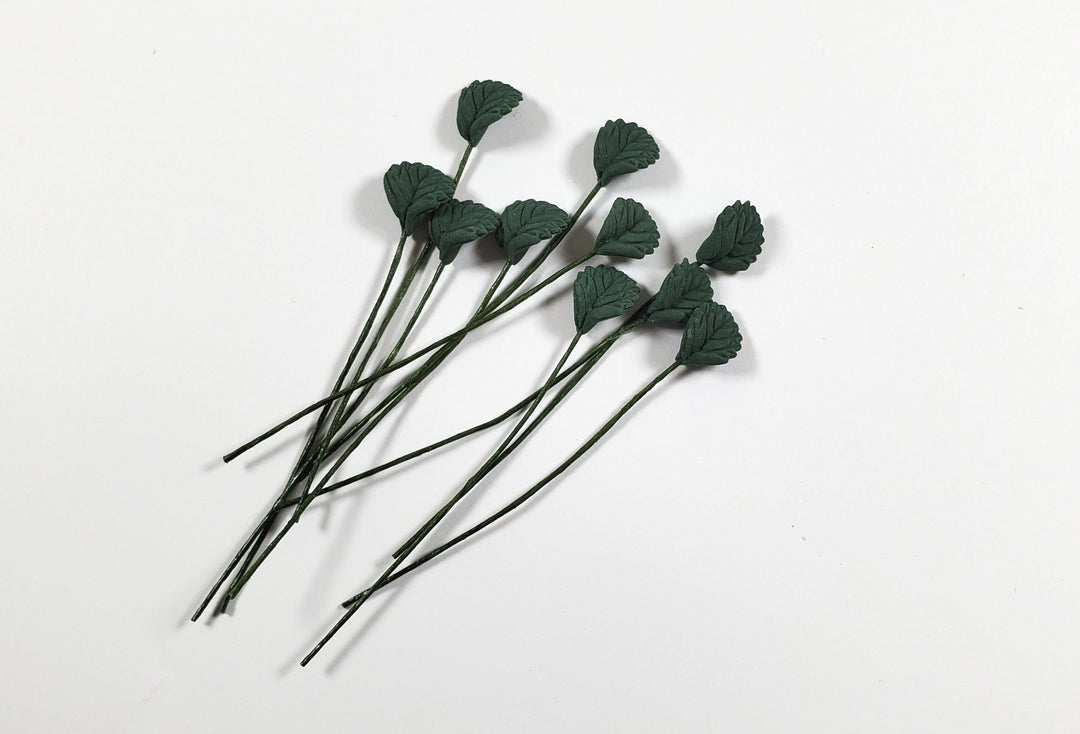 Dollhouse Dark Green Serrated Leaves Long Stem Set of 10 1:12 Scale Miniature - MiniatureCrush