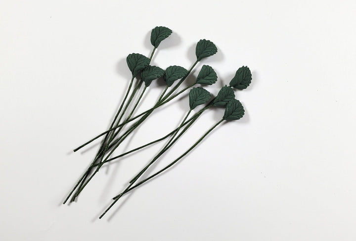 Dollhouse Dark Green Serrated Leaves Long Stem Set of 10 1:12 Scale Miniature - MiniatureCrush