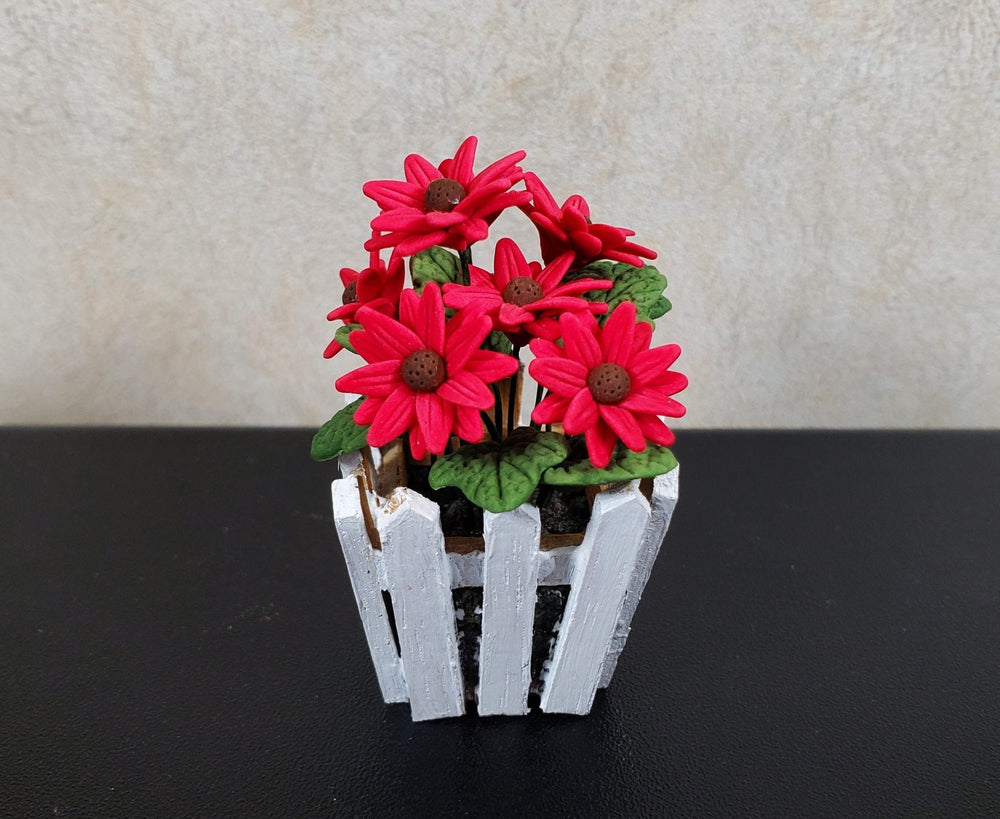 Dollhouse Dark Pink Daisies in a White Wood Picket Planter1:12 Scale Miniature - MiniatureCrush