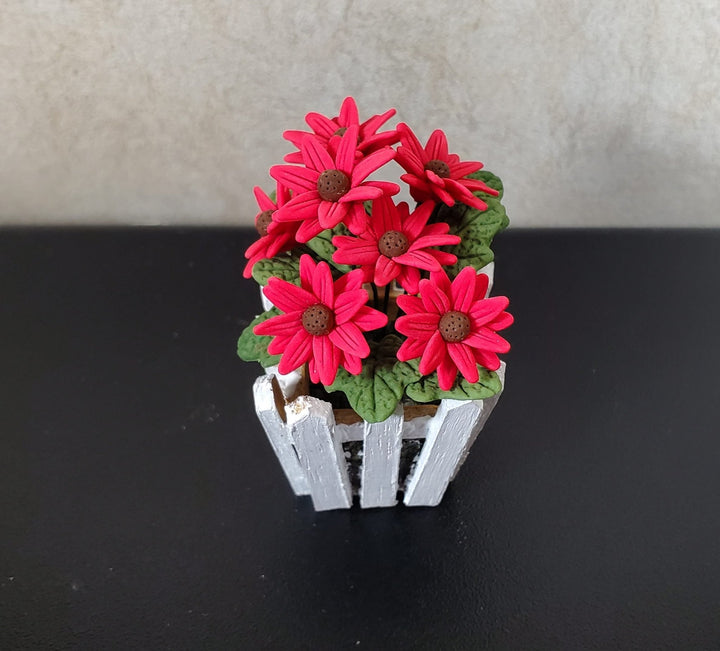 Dollhouse Dark Pink Daisies in a White Wood Picket Planter1:12 Scale Miniature - MiniatureCrush
