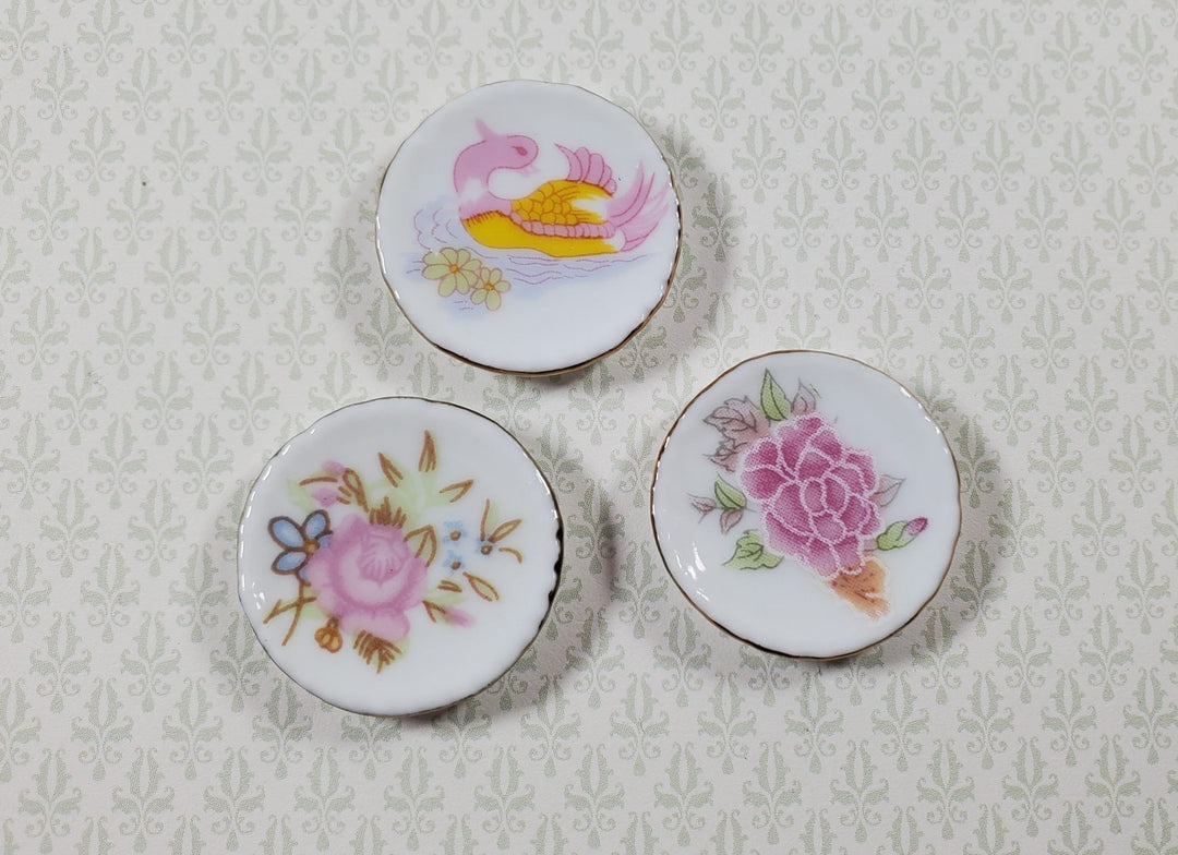 Dollhouse Decorative Plates Ceramic Floral & Swan Style 1:12 Scale Miniatures 1" - Miniature Crush