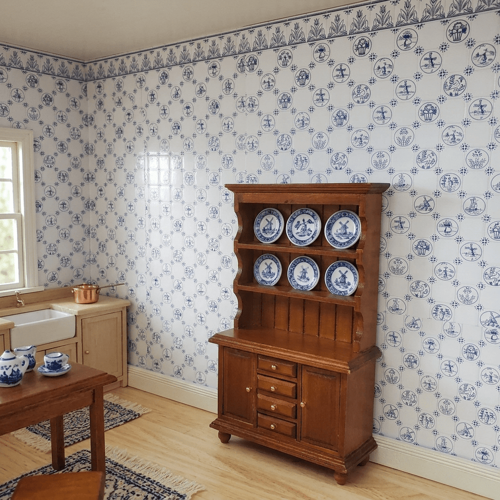Dollhouse Delft Tile Dutch Wallpaper Blue Embossed Card 1:12 Scale Miniature - MiniatureCrush