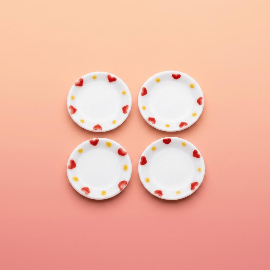 Dollhouse Dinner Plates Heart Design White Ceramic 1:12 Scale Miniature 1" 4 pcs - MiniatureCrush
