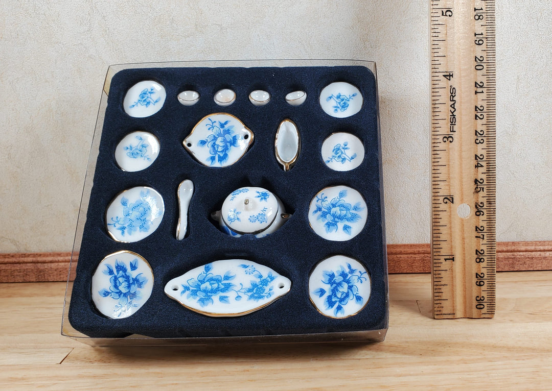 Dollhouse Dinner Set Plates Tureen Ceramic Blue Floral 1:12 Scale Miniature - MiniatureCrush
