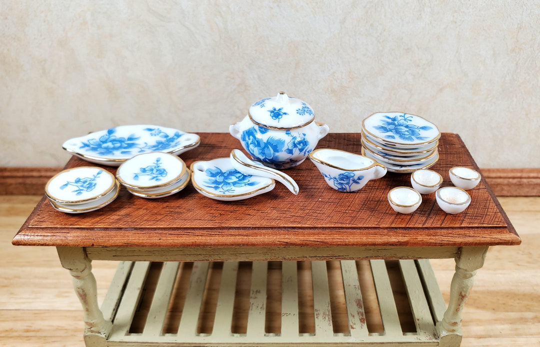 Dollhouse Dinner Set Plates Tureen Ceramic Blue Floral 1:12 Scale Miniature - MiniatureCrush