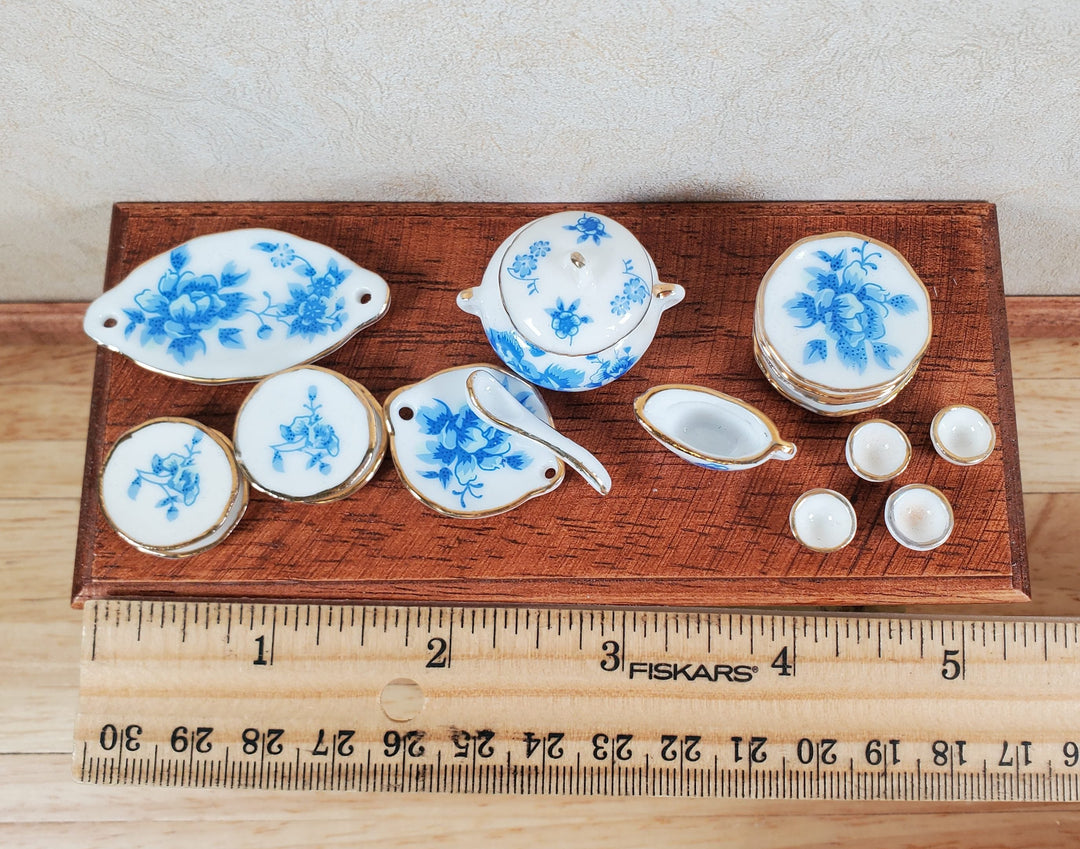 Dollhouse Dinner Set Plates Tureen Ceramic Blue Floral 1:12 Scale Miniature - MiniatureCrush