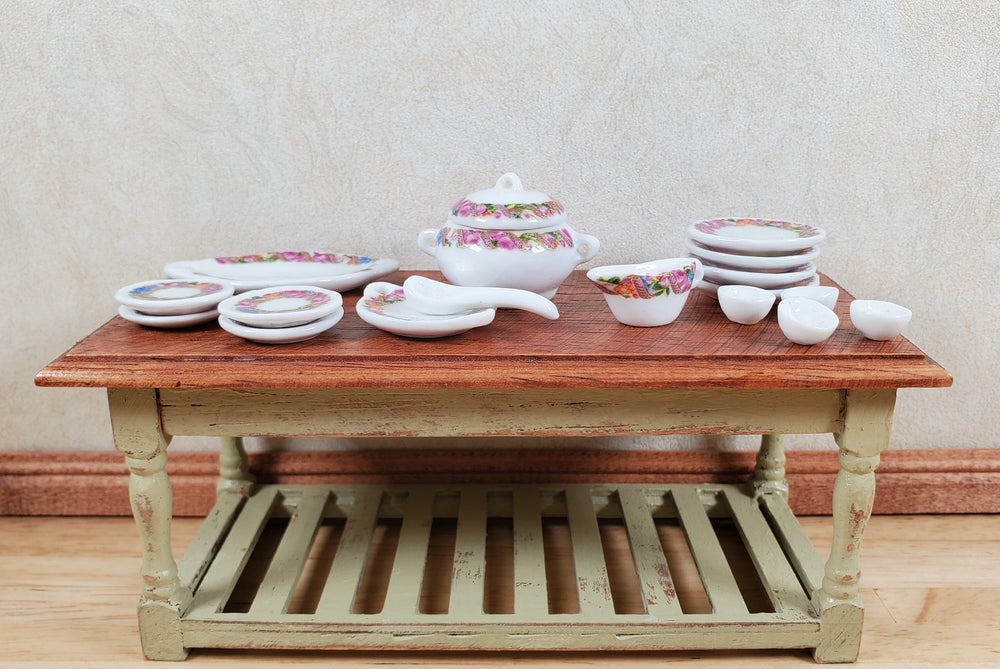 Dollhouse Dinner Set Plates Tureen Ceramic Floral Wreath 1:12 Scale Miniature - MiniatureCrush