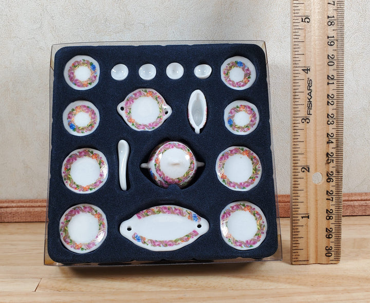 Dollhouse Dinner Set Plates Tureen Ceramic Floral Wreath 1:12 Scale Miniature - MiniatureCrush