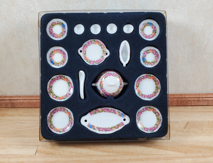 Dollhouse Dinner Set Plates Tureen Ceramic Floral Wreath 1:12 Scale Miniature - MiniatureCrush