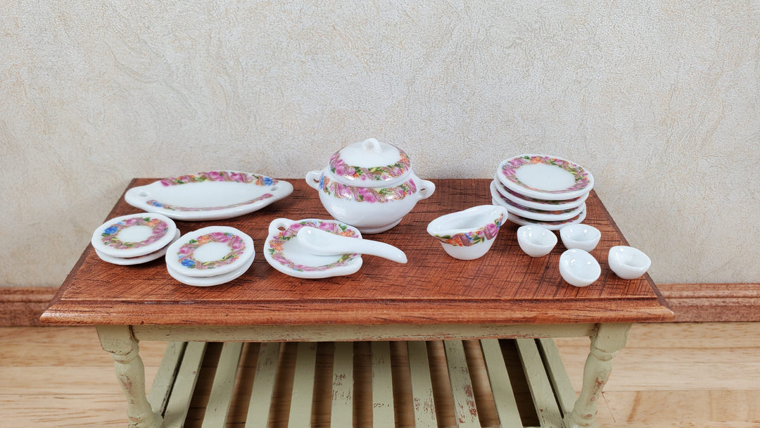 Dollhouse Dinner Set Plates Tureen Ceramic Floral Wreath 1:12 Scale Miniature - MiniatureCrush