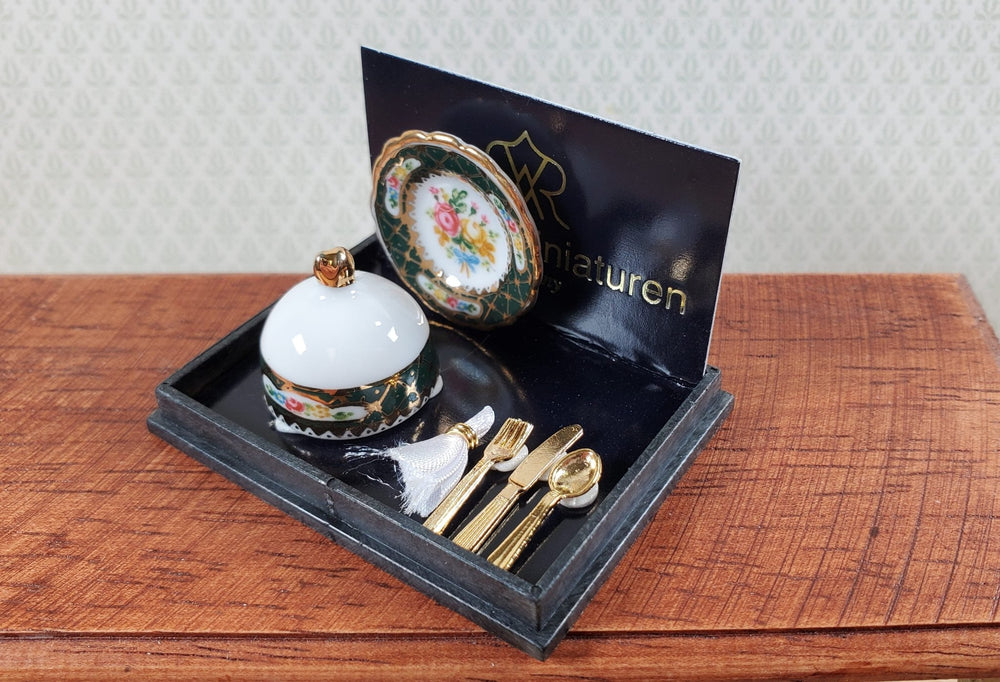 Dollhouse Dinner Setting for 1 Irish Gold Design Reutter Porcelain 1:12 Scale - Miniature Crush