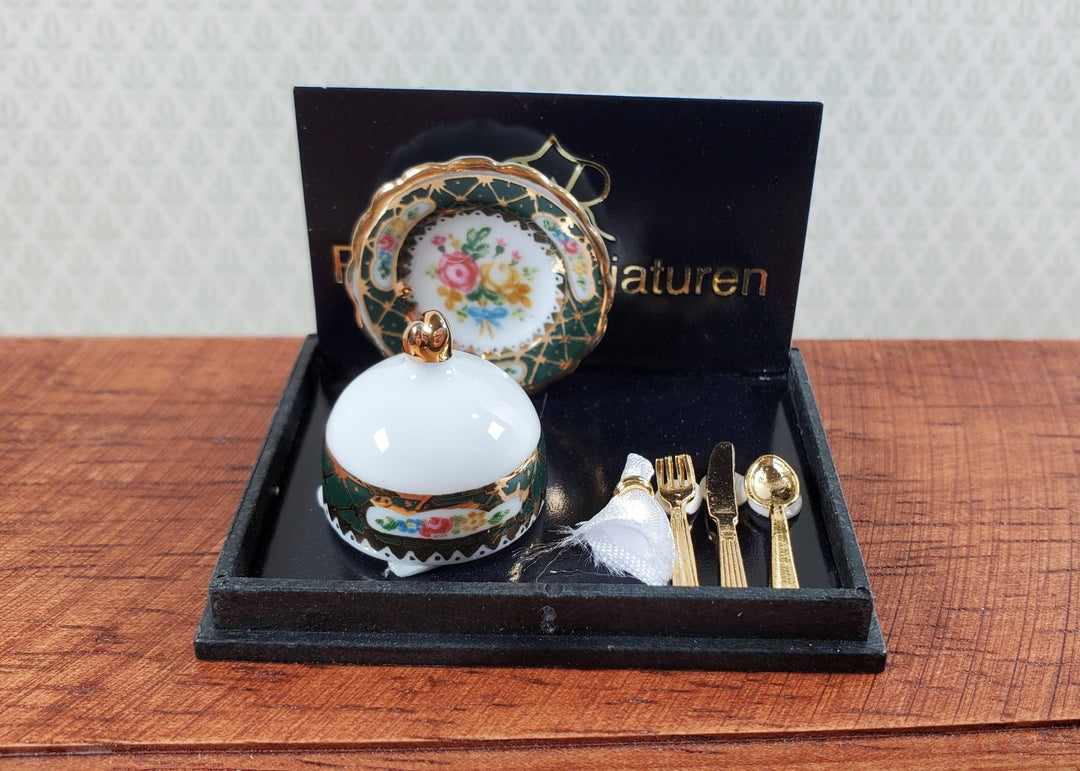 Dollhouse Dinner Setting for 1 Irish Gold Design Reutter Porcelain 1:12 Scale - Miniature Crush