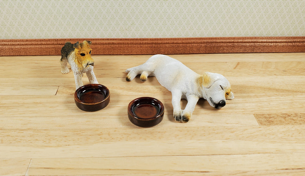 Dollhouse Dog Food Bowl Doggie Dish Large x2 Brown Ceramic 1:12 Scale - MiniatureCrush