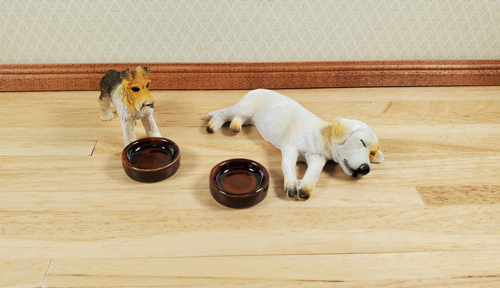 Dollhouse Dog Food Bowl Doggie Dish Large x2 Brown Ceramic 1:12 Scale - MiniatureCrush
