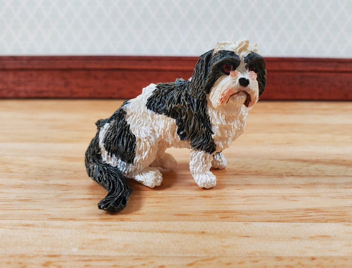 Dollhouse Dog Tibetan Terrier Sitting Black White 1:12 Scale Miniature Animal - Miniature Crush