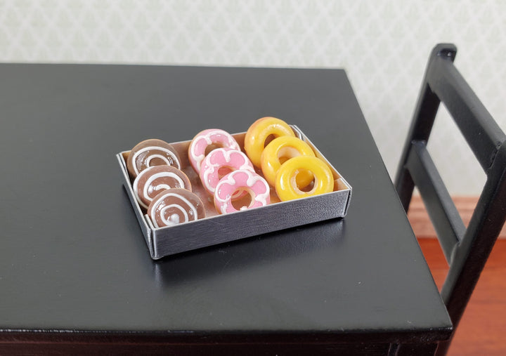 Dollhouse Donuts in Metal Tray Pink Yellow Chocolate Frosting 1:12 Scale Bakery - MiniatureCrush