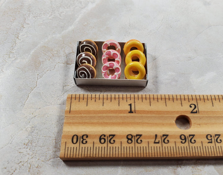 Dollhouse Donuts in Metal Tray Pink Yellow Chocolate Frosting 1:12 Scale Bakery - MiniatureCrush