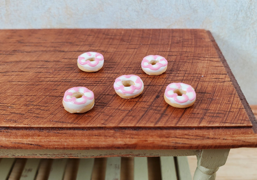 Dollhouse Donuts x5 White & Pink Frosting 1:12 Scale Miniature Dessert Bakery - MiniatureCrush