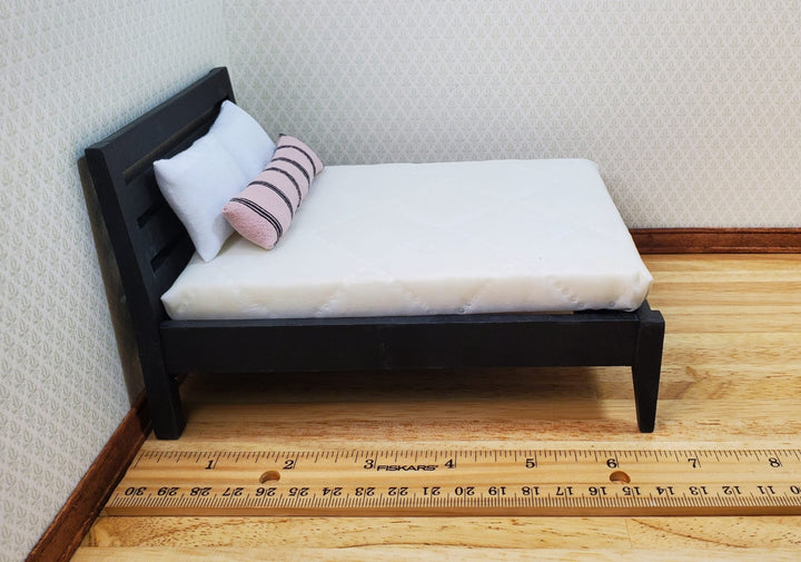 Dollhouse Double Bed Black Modern Style 1:12 Scale Miniature Wood Furniture - MiniatureCrush