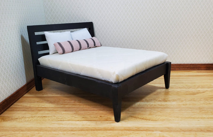 Dollhouse Double Bed Black Modern Style 1:12 Scale Miniature Wood Furniture - MiniatureCrush