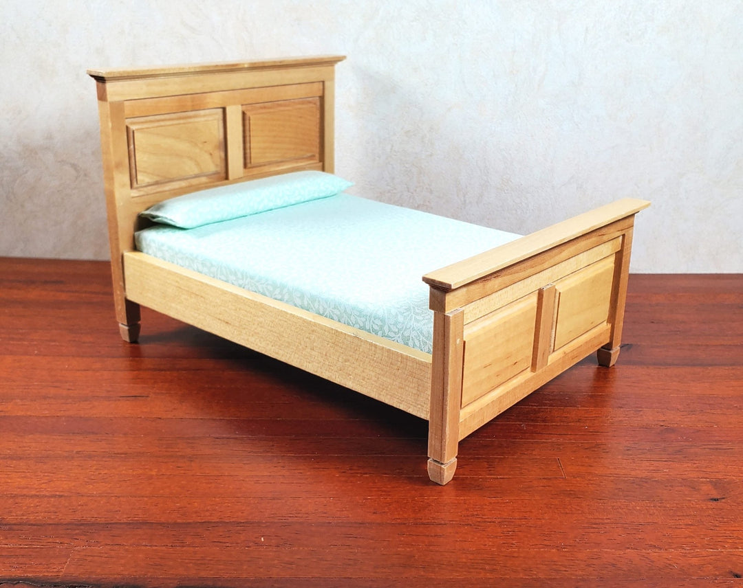 Dollhouse Double Bed Wood Light Oak Finish 1:12 Scale Bedroom Furniture - MiniatureCrush