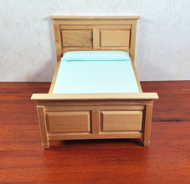Dollhouse Double Bed Wood Light Oak Finish 1:12 Scale Bedroom Furniture - MiniatureCrush