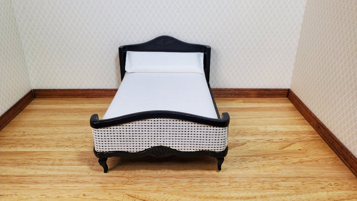 Dollhouse Double Bed Wood with Black Finish 1:12 Scale Bedroom Furniture - MiniatureCrush