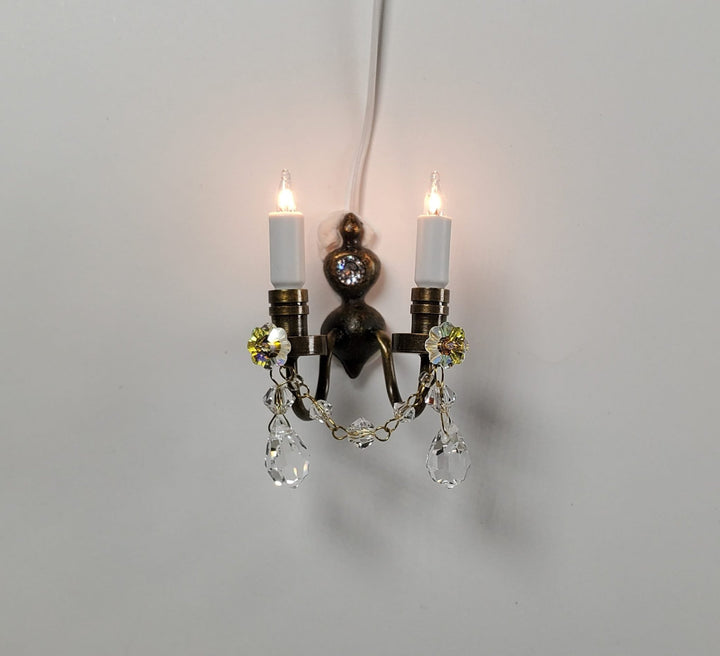 Dollhouse Double Candle Sconce with Crystals Bronze 12 volt w/ Plug 1:12 Scale - MiniatureCrush
