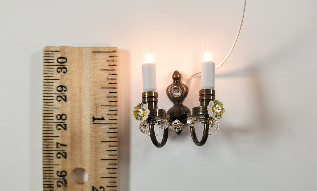 Dollhouse Double Candle Sconce with Crystals Bronze 12 volt w/ Plug 1:12 Scale - MiniatureCrush