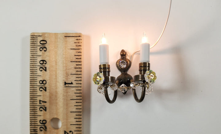 Dollhouse Double Candle Sconce with Crystals Bronze 12 volt w/ Plug 1:12 Scale - MiniatureCrush