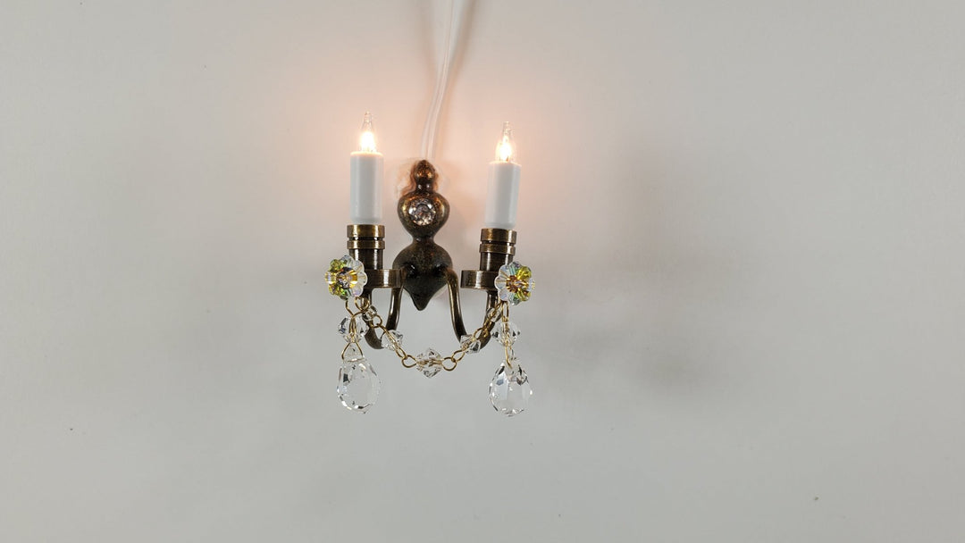 Dollhouse Double Candle Sconce with Crystals Bronze 12 volt w/ Plug 1:12 Scale - MiniatureCrush
