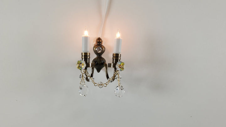 Dollhouse Double Candle Sconce with Crystals Bronze 12 volt w/ Plug 1:12 Scale - MiniatureCrush