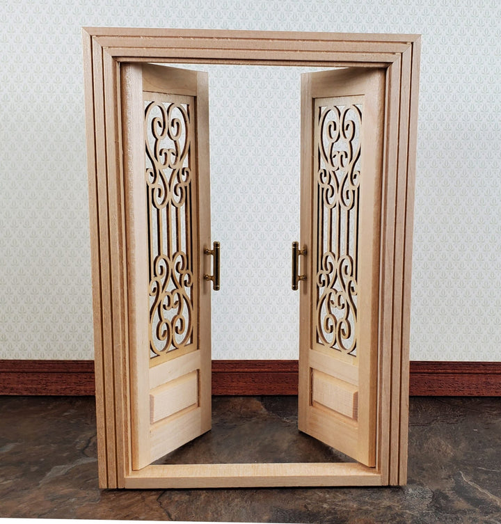 Dollhouse Double French Doors with Scroll Windows 1:12 Scale Miniature - Miniature Crush