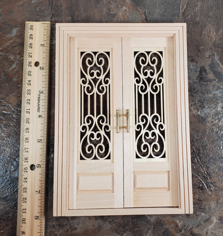 Dollhouse Double French Doors with Scroll Windows 1:12 Scale Miniature - Miniature Crush