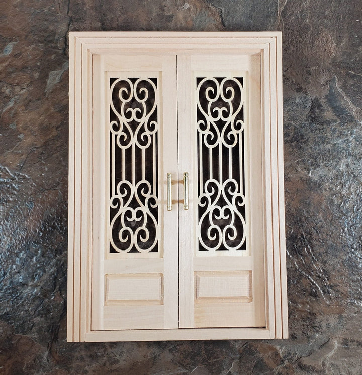 Dollhouse Double French Doors with Scroll Windows 1:12 Scale Miniature - Miniature Crush