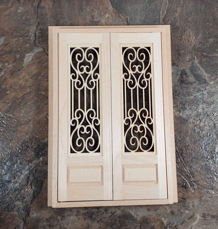 Dollhouse Double French Doors with Scroll Windows 1:12 Scale Miniature - Miniature Crush