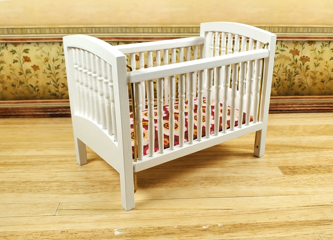 Dollhouse Drop Side Crib Wood White Turned Spindles 1:12 Scale Nursery Furniture - MiniatureCrush