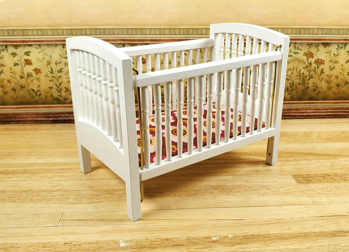 Dollhouse Drop Side Crib Wood White Turned Spindles 1:12 Scale Nursery Furniture - MiniatureCrush