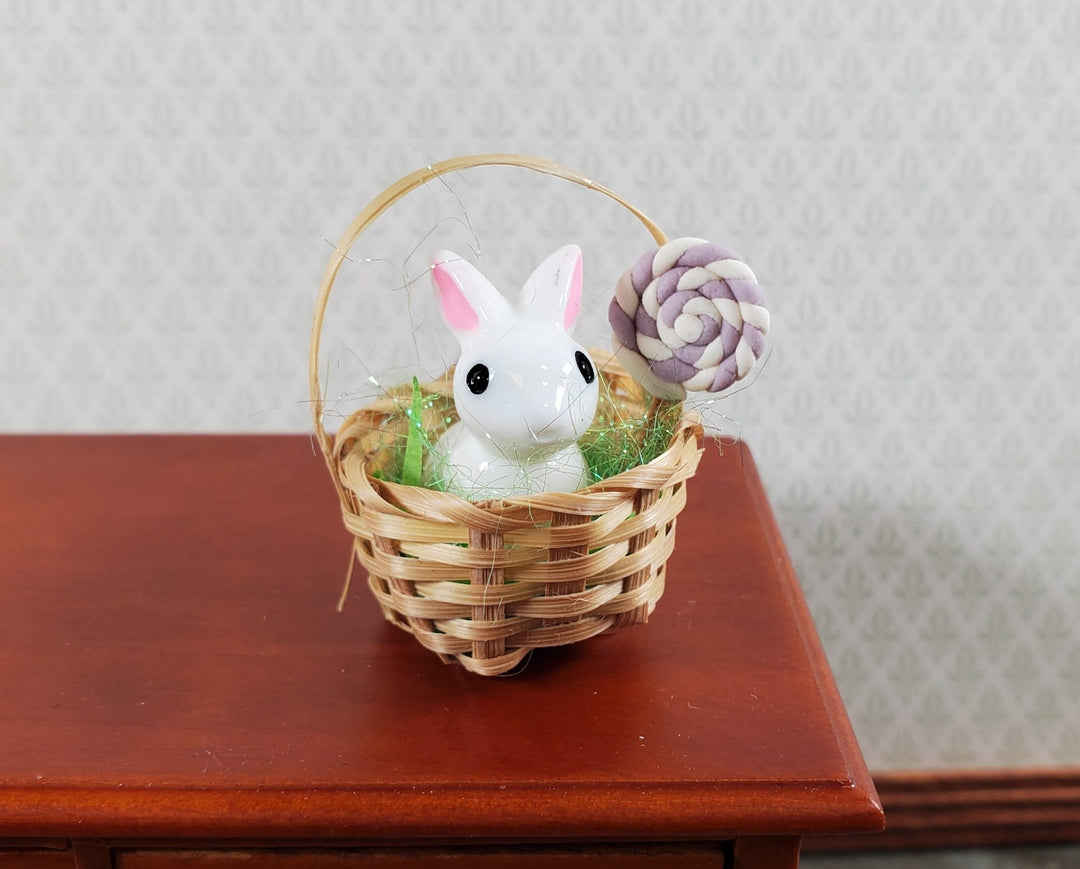 Dollhouse Easter Basket with Bunny and Lollipop Sucker 1:12 Scale Miniature - Miniature Crush